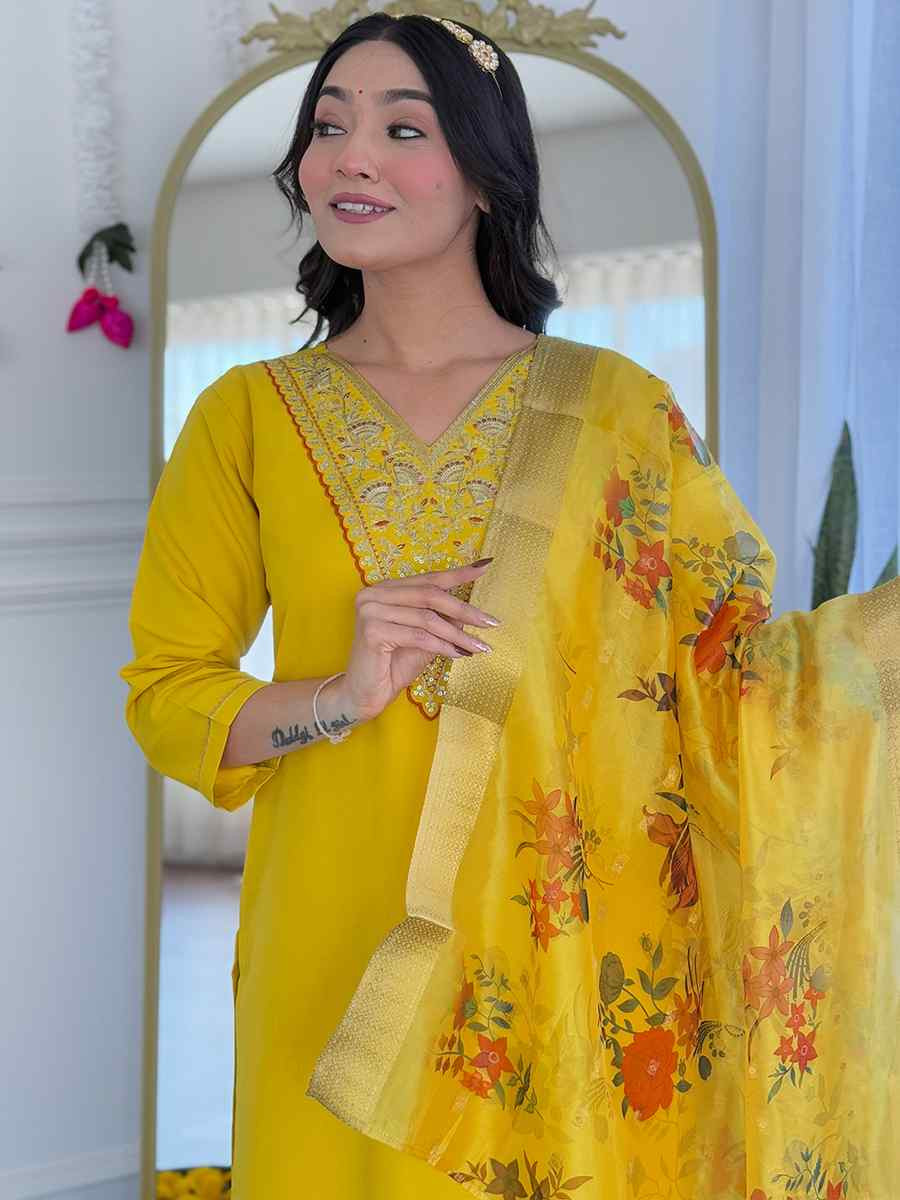 Yellow Rayon Embroidery Party Wedding Festival Casual Ready Pant Salwar Kameez