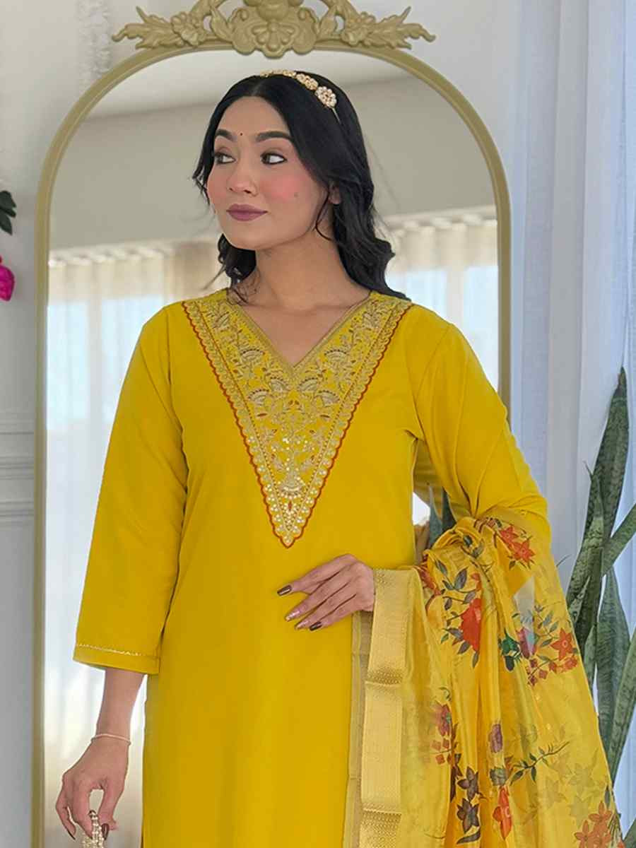 Yellow Rayon Embroidery Party Wedding Festival Casual Ready Pant Salwar Kameez