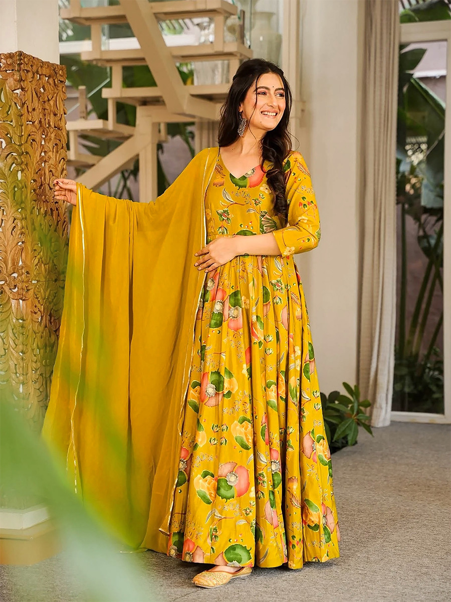 Yellow Rayon Heavy Digital PrintedWedding Party Festival Casual Gown Women Wear