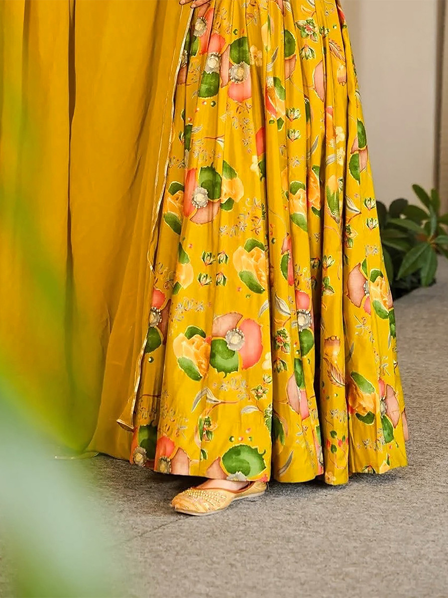 Yellow Rayon Heavy Digital PrintedWedding Party Festival Casual Gown Women Wear
