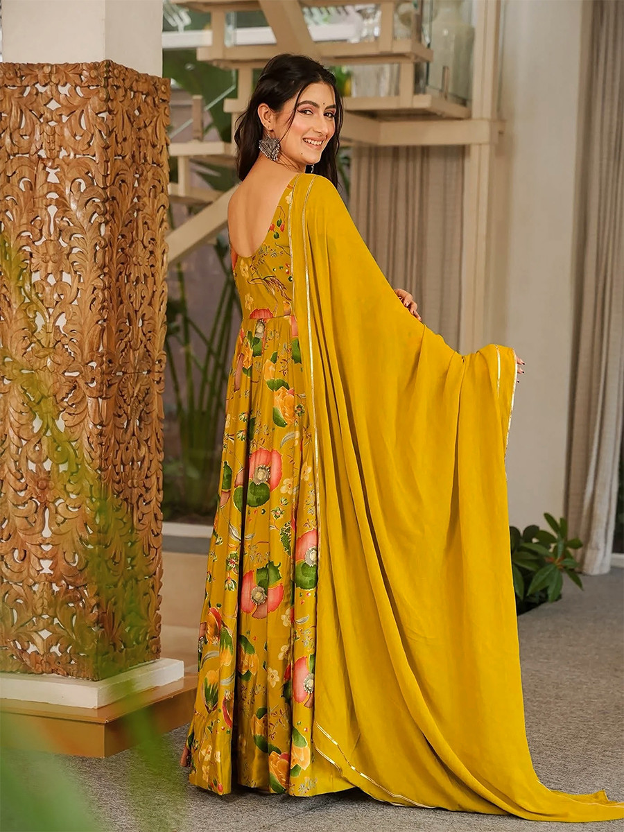 Yellow Rayon Heavy Digital PrintedWedding Party Festival Casual Gown Women Wear