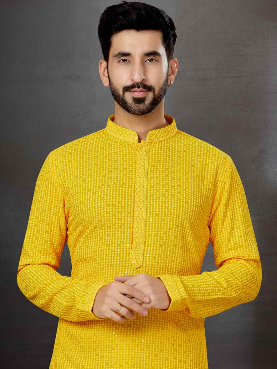 Yellow Rayon Lucknowi Woven Festival Wedding Kurta