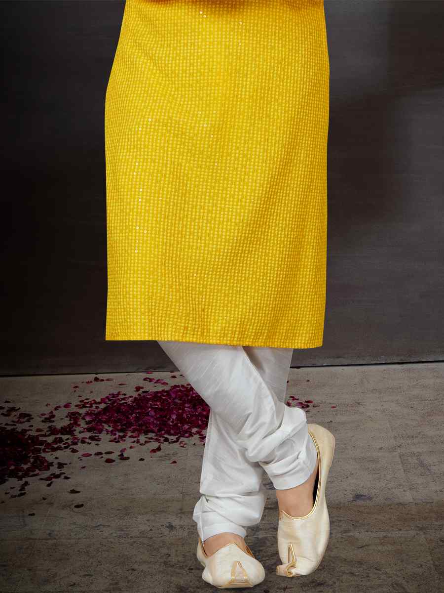 Yellow Rayon Lucknowi Woven Festival Wedding Kurta