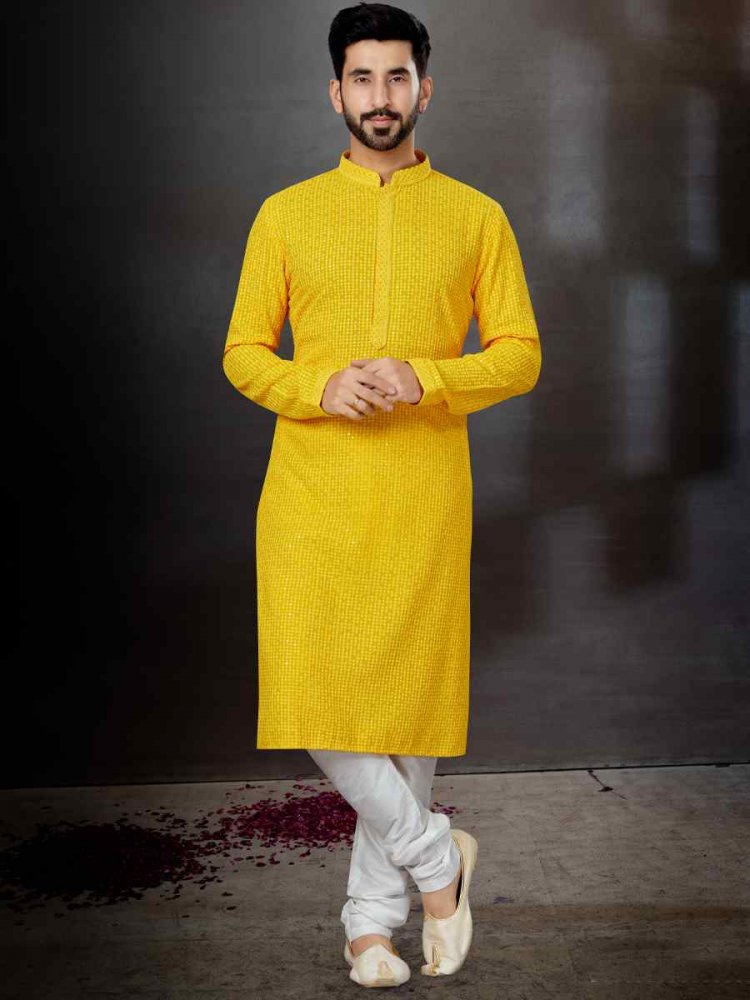 Yellow Rayon Lucknowi Woven Festival Wedding Kurta