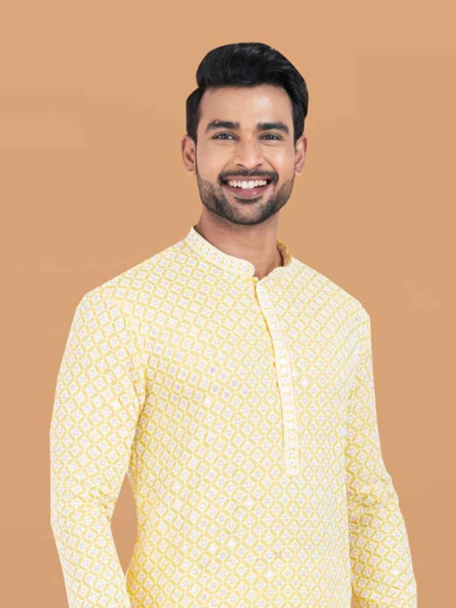 Yellow Rayon Printed Festival Wedding Kurta Pyjama Men039s Wear