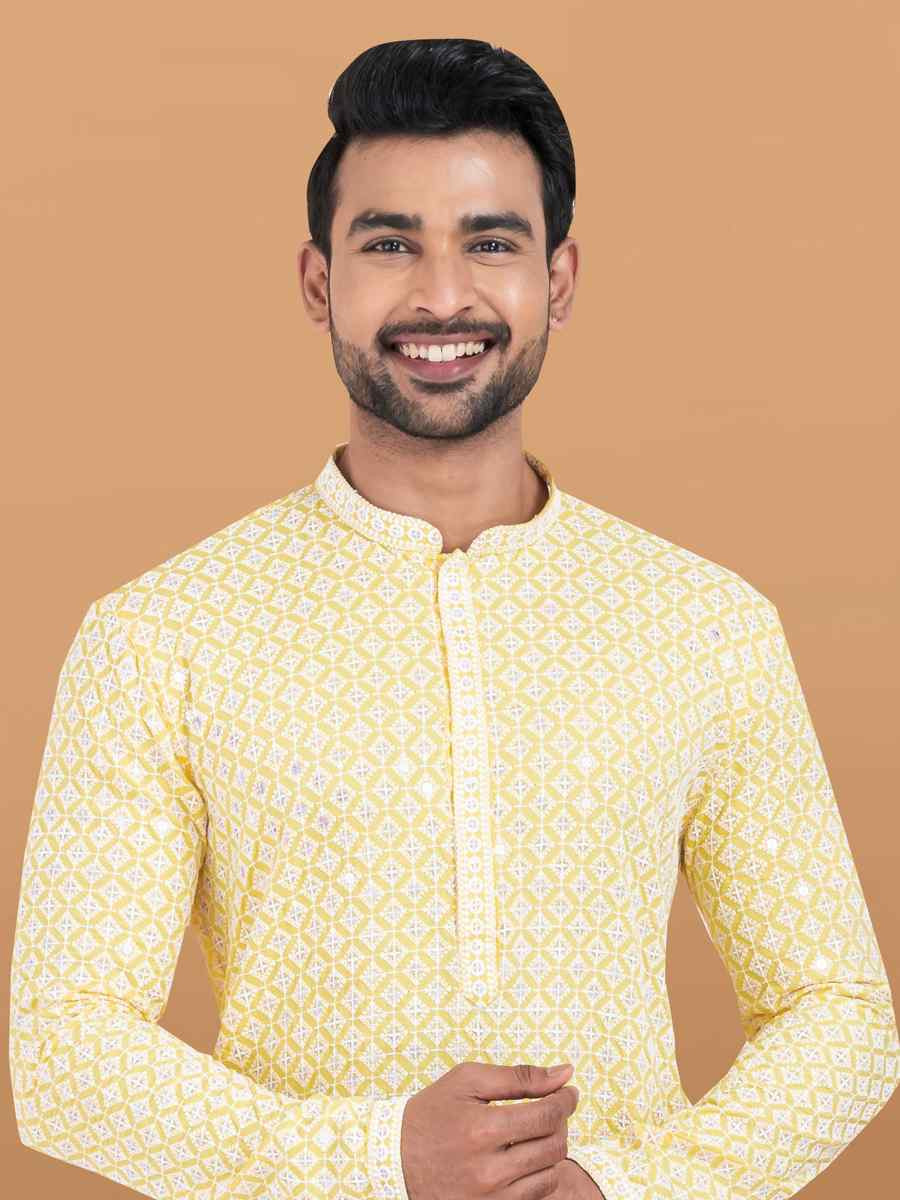 Yellow Rayon Printed Festival Wedding Kurta Pyjama Men039s Wear
