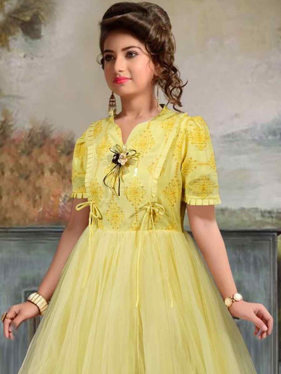 Yellow Rayon Soft Net Embroidered Party Wedding Salwars Girls Wear