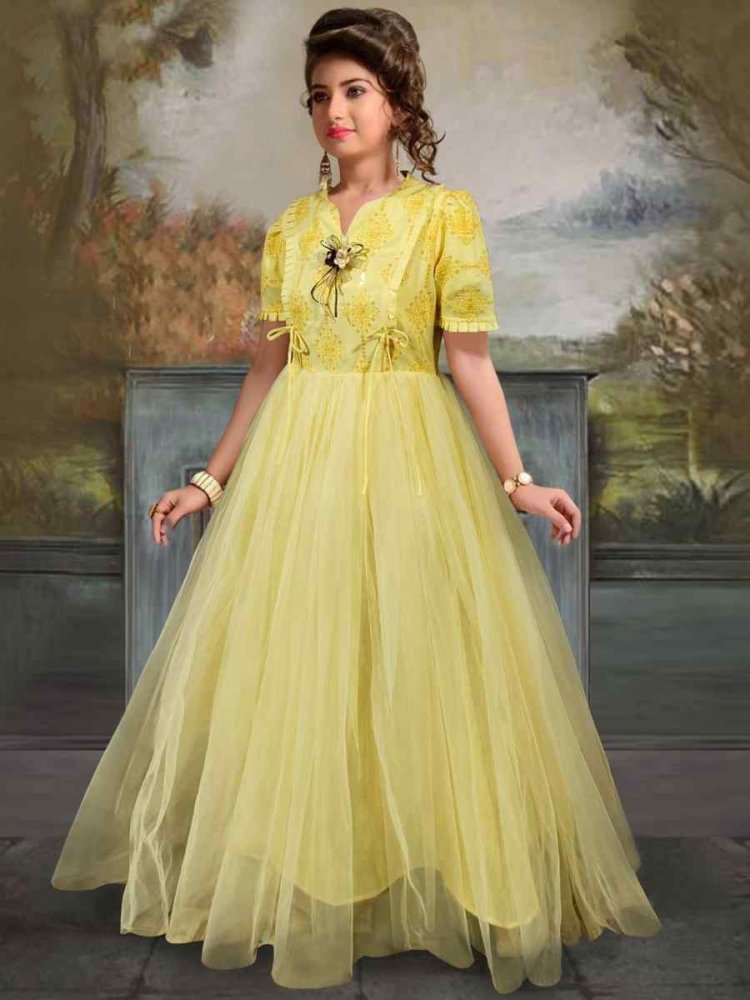 Yellow Rayon Soft Net Embroidered Party Wedding Salwars Girls Wear