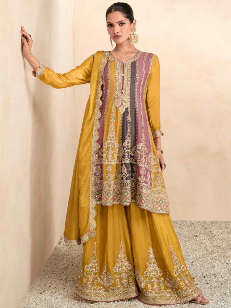 Yellow Real Chinon Embroidered Festival Party Palazzo Pant Salwar Kameez