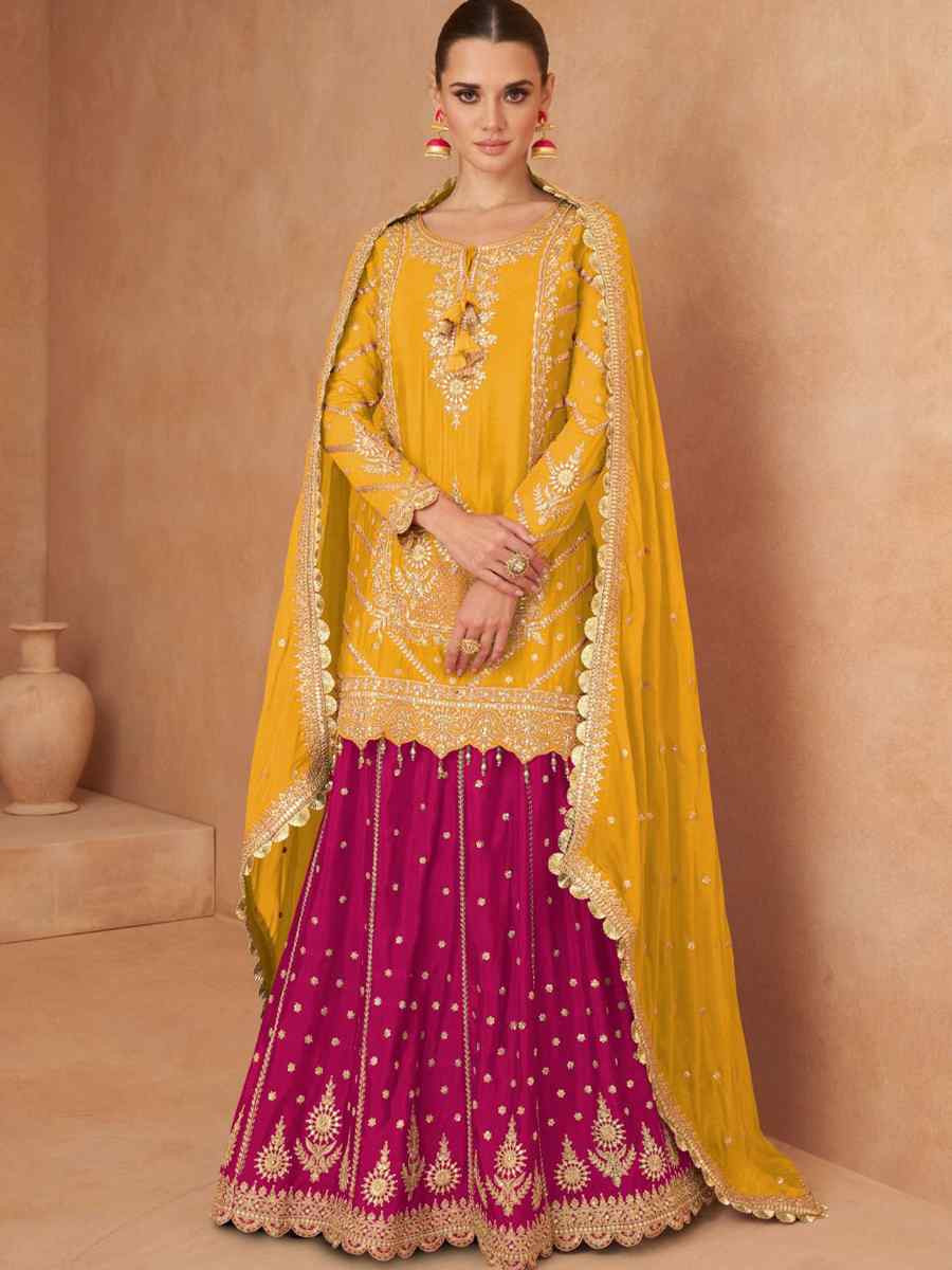 Yellow Real Chinon Embroidered Festival Wedding Ready Skirt Salwar Kameez