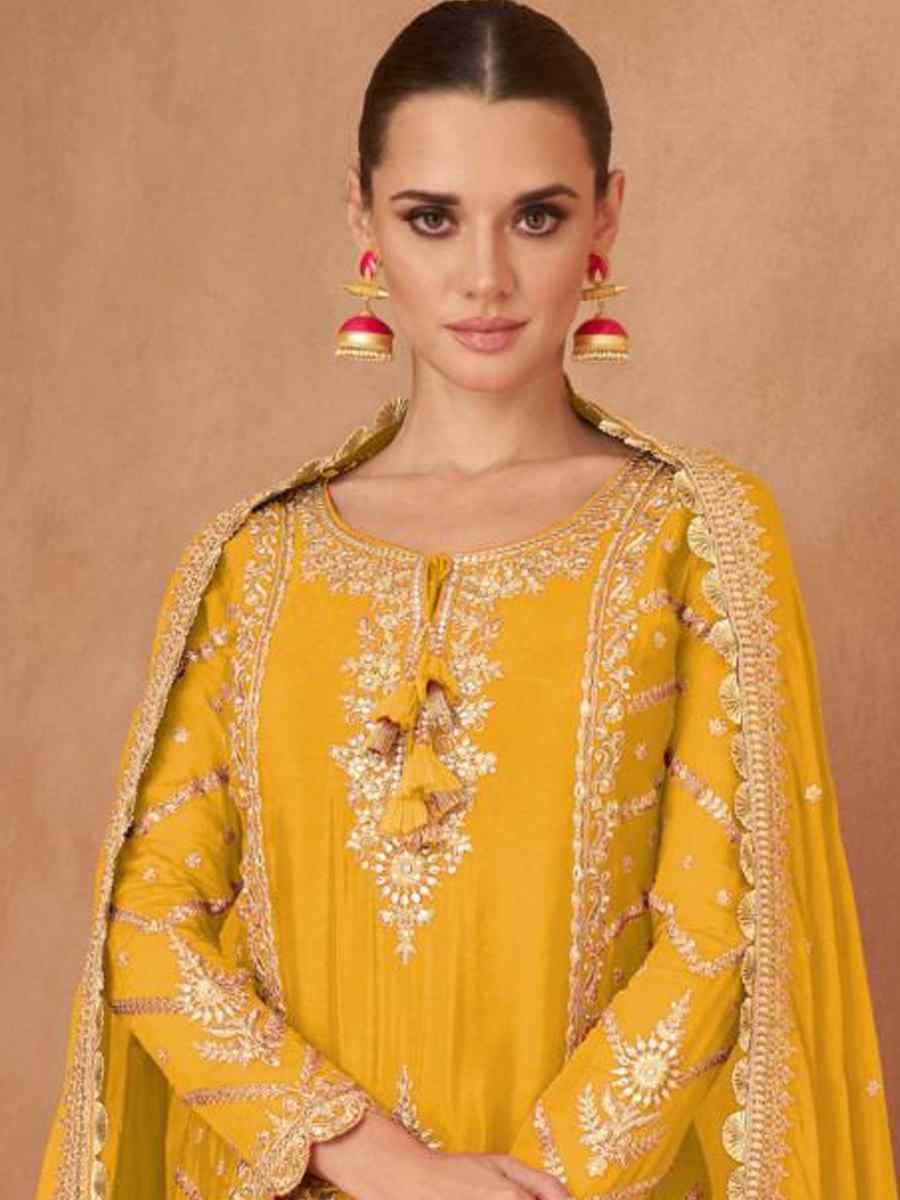 Yellow Real Chinon Embroidered Festival Wedding Ready Skirt Salwar Kameez