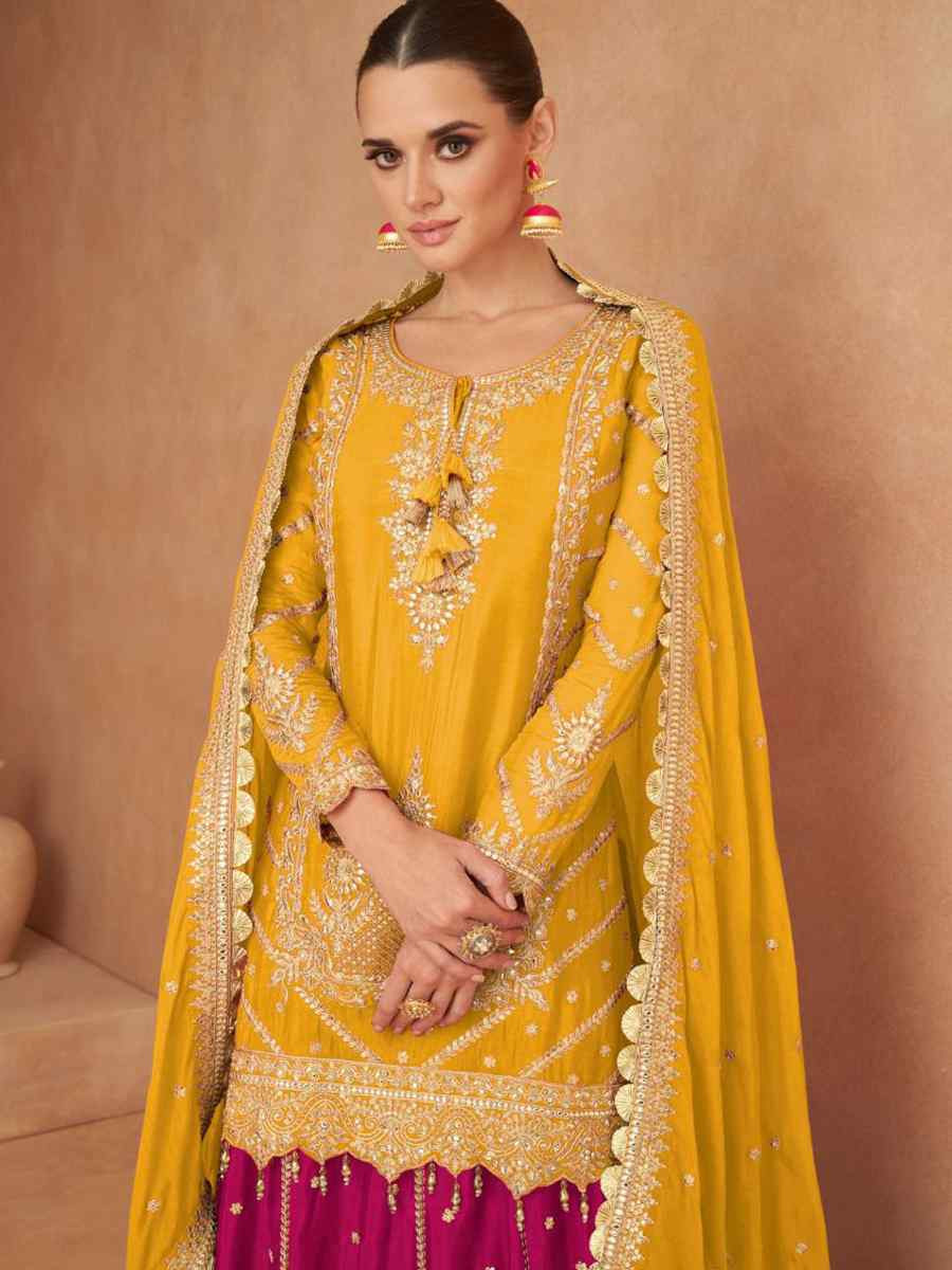 Yellow Real Chinon Embroidered Festival Wedding Ready Skirt Salwar Kameez