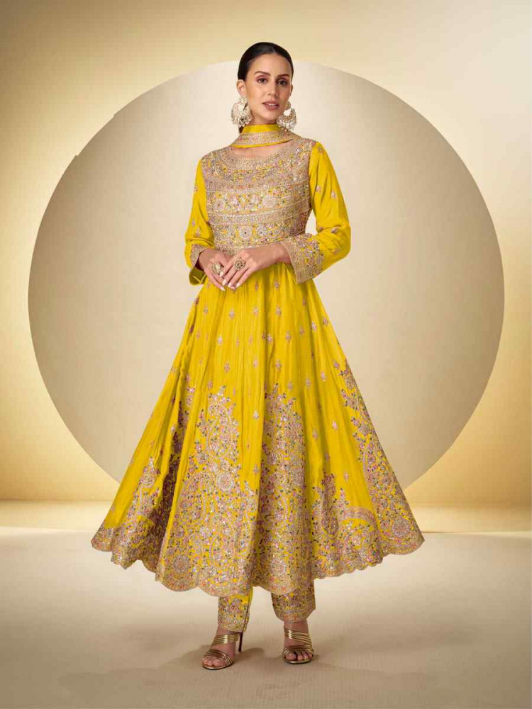 Image of Yellow Real Chinon Embroidered Party Wedding Ready Pant Salwar Kameez