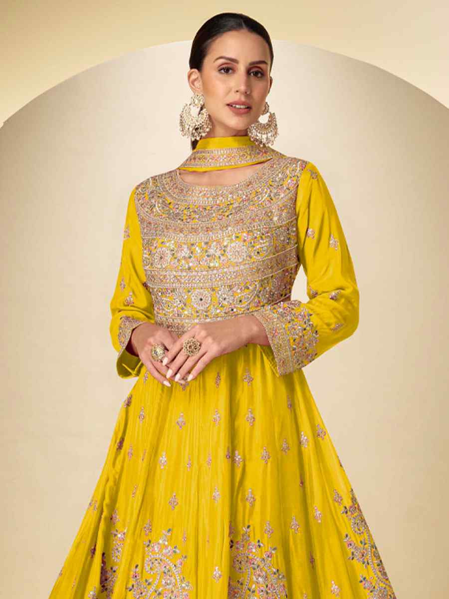 Yellow Real Chinon Embroidered Party Wedding Ready Pant Salwar Kameez