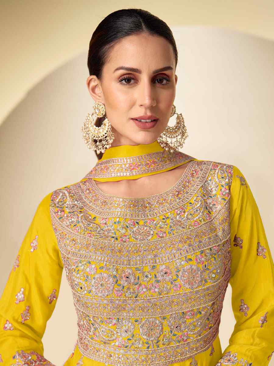 Yellow Real Chinon Embroidered Party Wedding Ready Pant Salwar Kameez