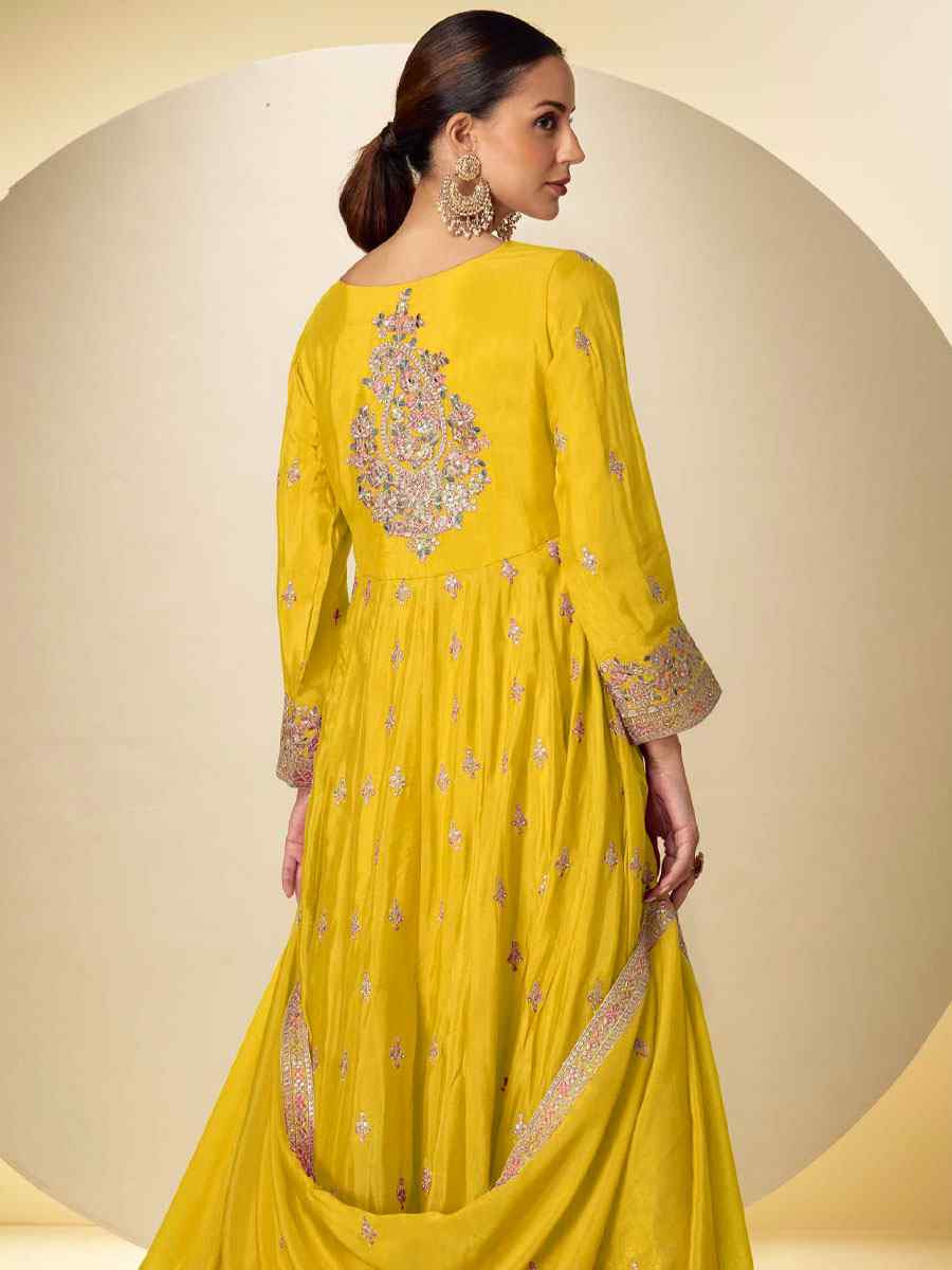 Yellow Real Chinon Embroidered Party Wedding Ready Pant Salwar Kameez