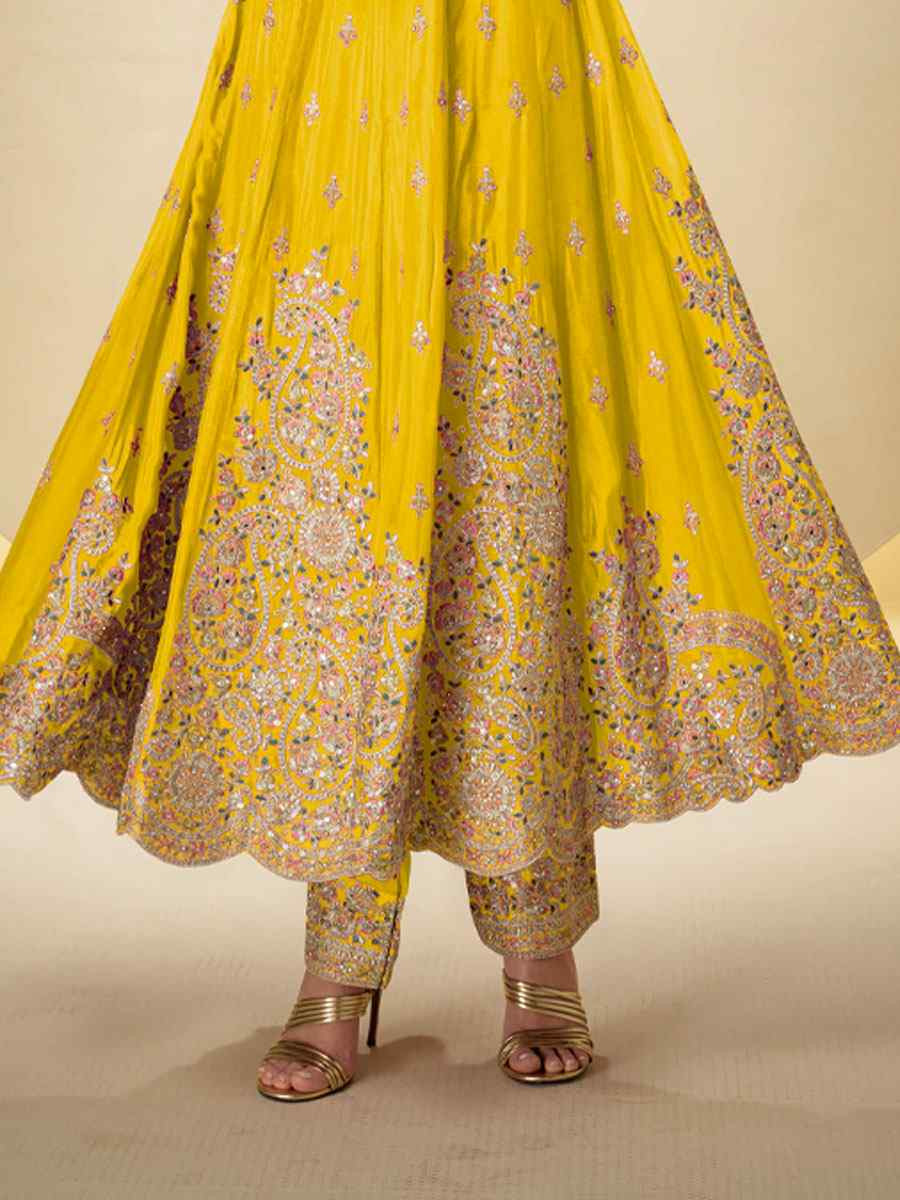 Yellow Real Chinon Embroidered Party Wedding Ready Pant Salwar Kameez