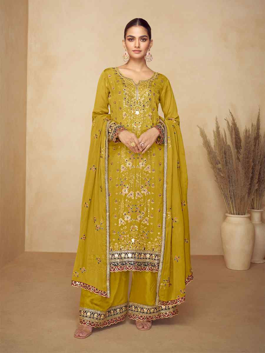 Yellow Real Chinon Embroidery Party Wedding Festival Casual Ready Palazzo Pant Salwar Kameez