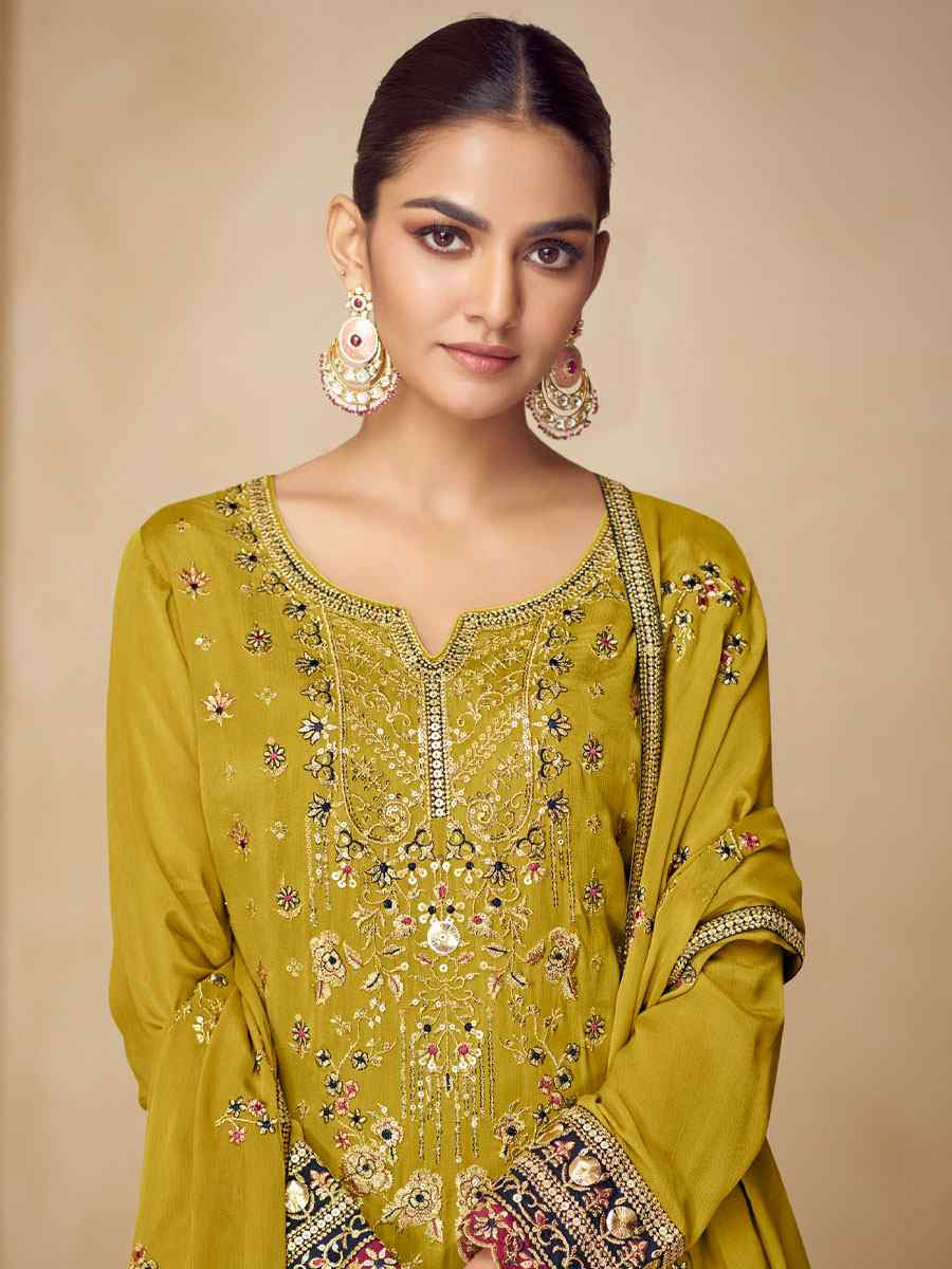 Yellow Real Chinon Embroidery Party Wedding Festival Casual Ready Palazzo Pant Salwar Kameez