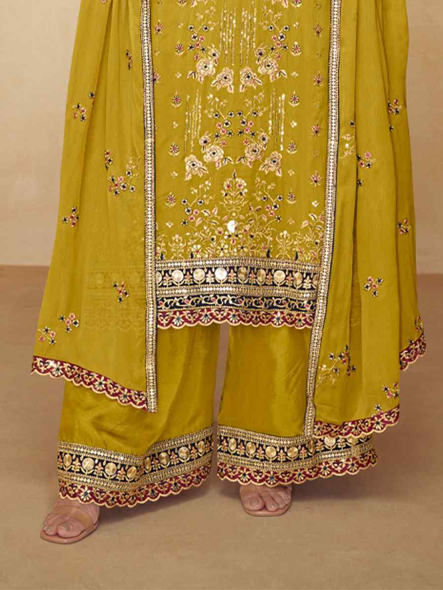 Yellow Real Chinon Embroidery Party Wedding Festival Casual Ready Palazzo Pant Salwar Kameez