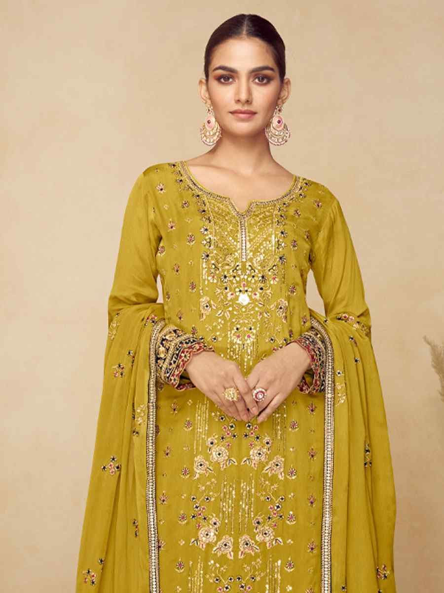 Yellow Real Chinon Embroidery Party Wedding Festival Casual Ready Palazzo Pant Salwar Kameez