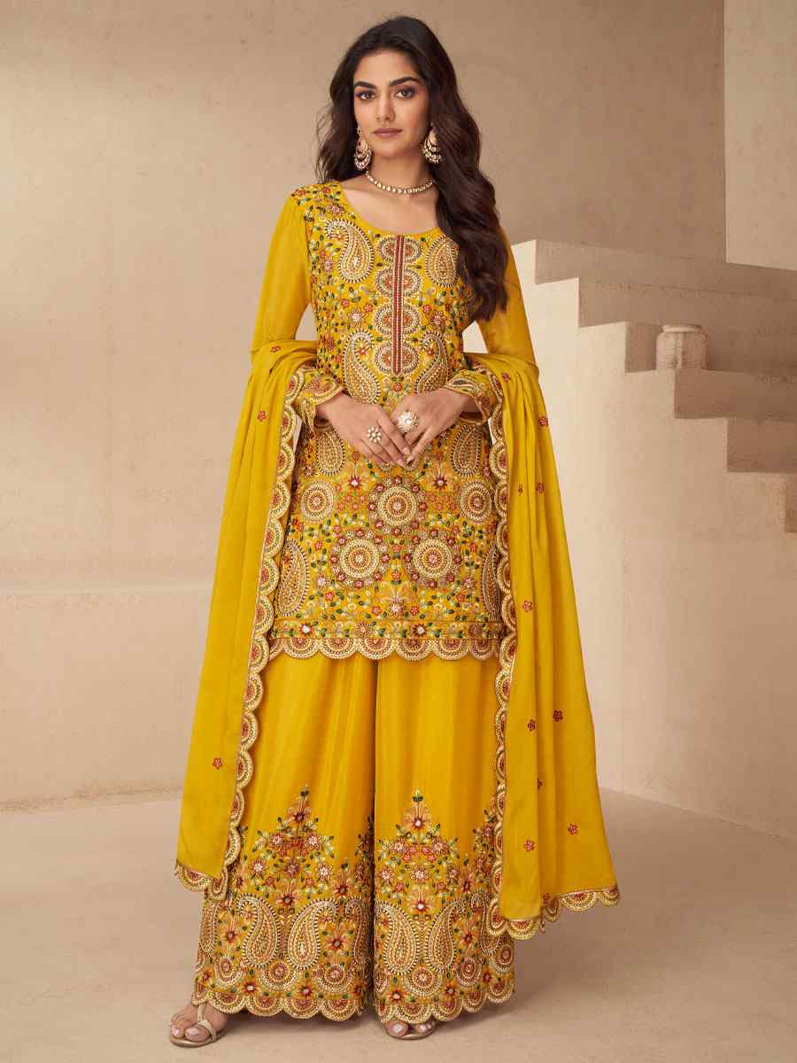 Yellow Real Chinon Embroidery Party Wedding Festival Casual Ready Palazzo Pant Salwar Kameez