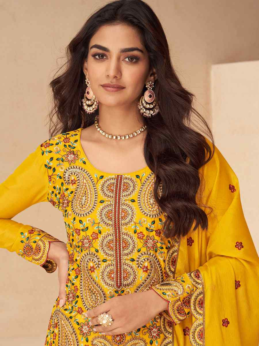 Yellow Real Chinon Embroidery Party Wedding Festival Casual Ready Palazzo Pant Salwar Kameez