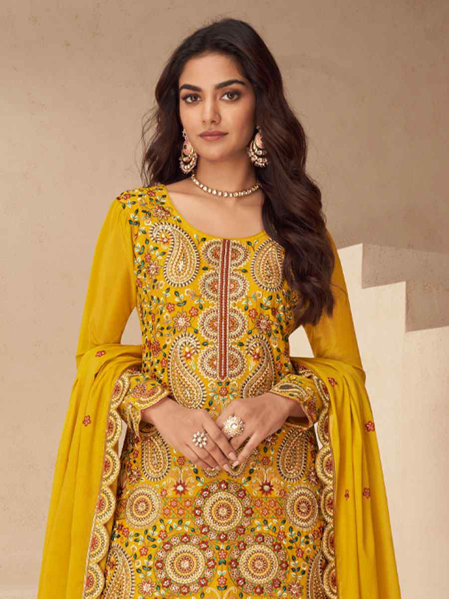 Yellow Real Chinon Embroidery Party Wedding Festival Casual Ready Palazzo Pant Salwar Kameez