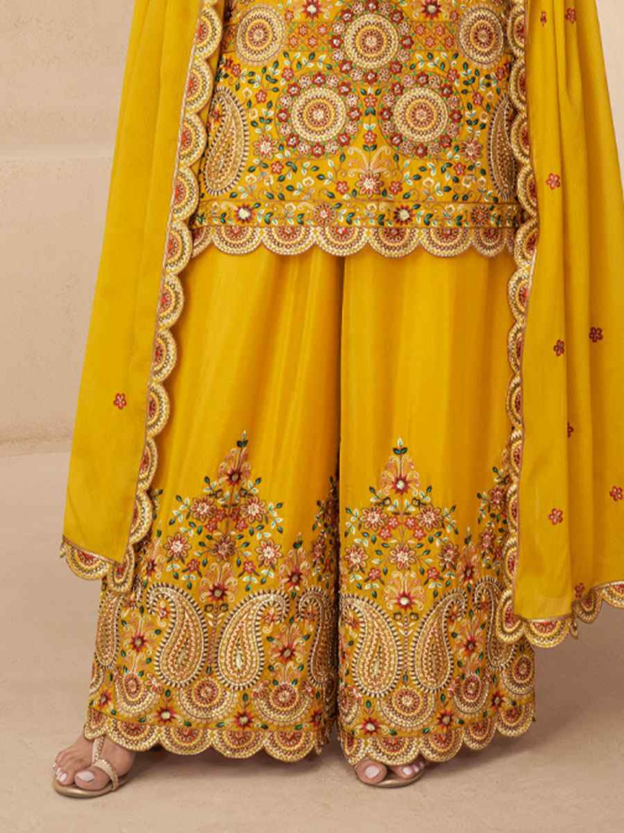 Yellow Real Chinon Embroidery Party Wedding Festival Casual Ready Palazzo Pant Salwar Kameez