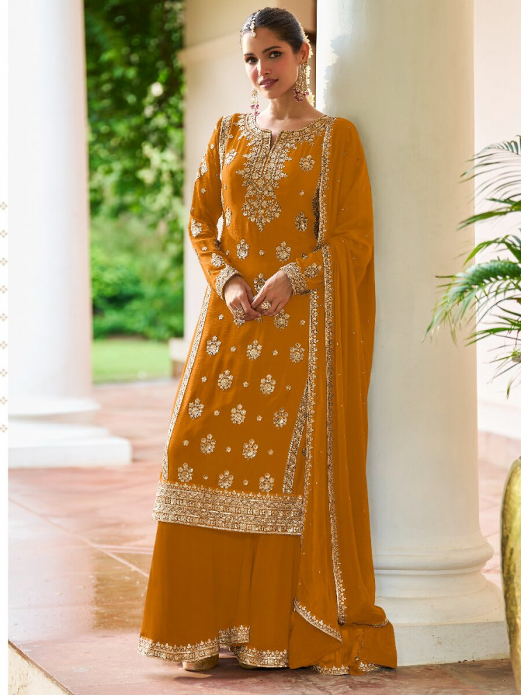 Image of Yellow Real Chinon Embroidery Sequins Zari Wedding Festival Party Casual Ready Sharara Pant Salwar Kameez
