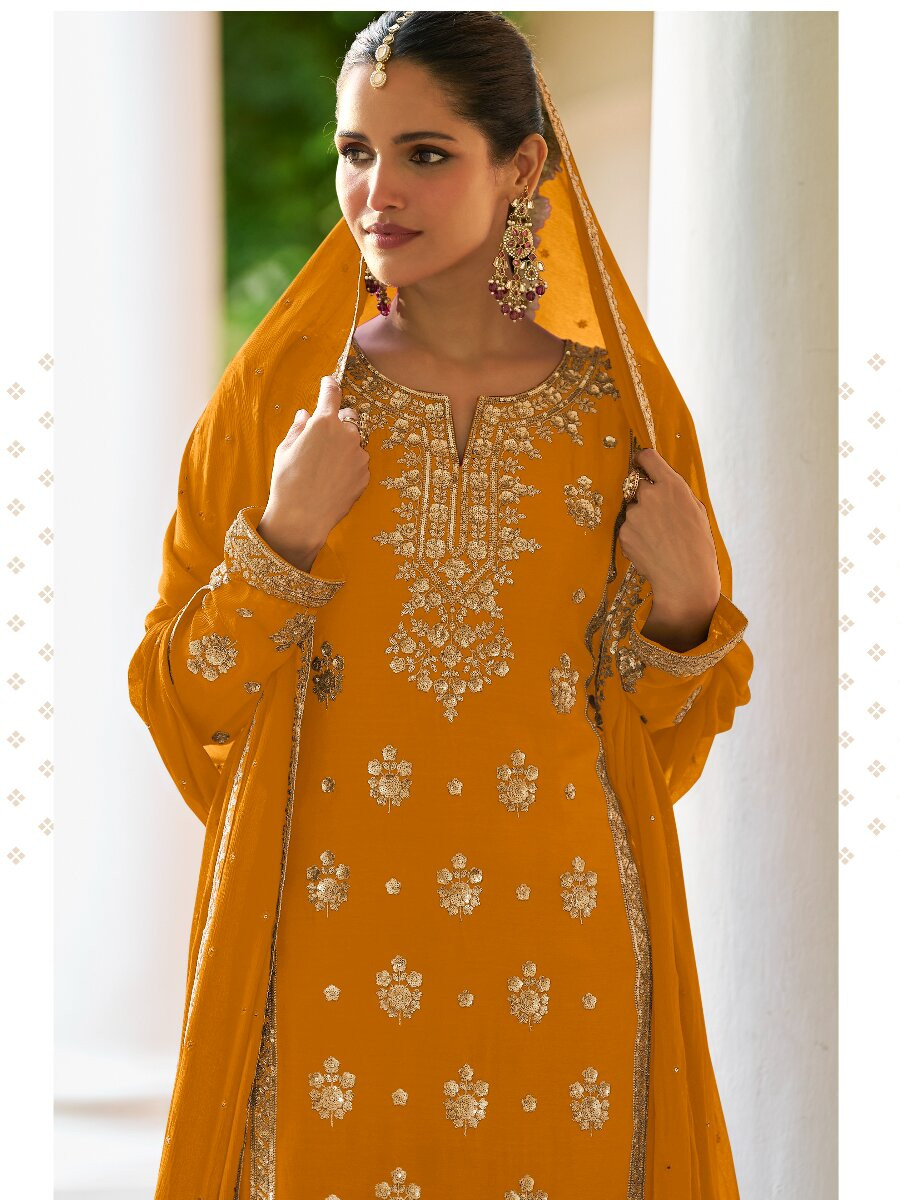 Yellow Real Chinon Embroidery Sequins Zari Wedding Festival Party Casual Ready Sharara Pant Salwar Kameez