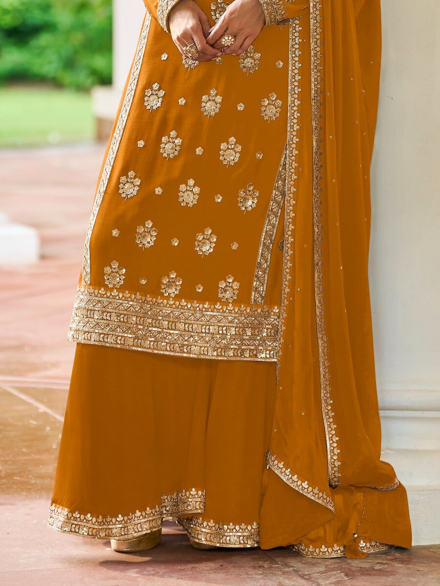 Yellow Real Chinon Embroidery Sequins Zari Wedding Festival Party Casual Ready Sharara Pant Salwar Kameez