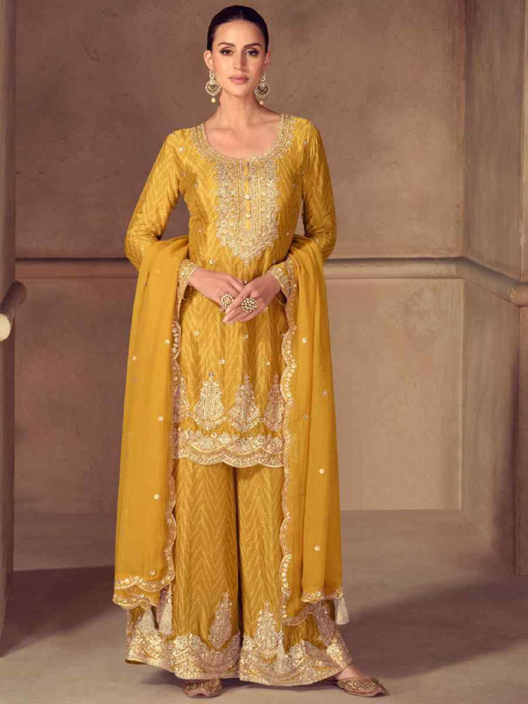 Image of Yellow Real Chinon Printed Embroidery Party Wedding Festival Ready Palazzo Pant Salwar Kameez