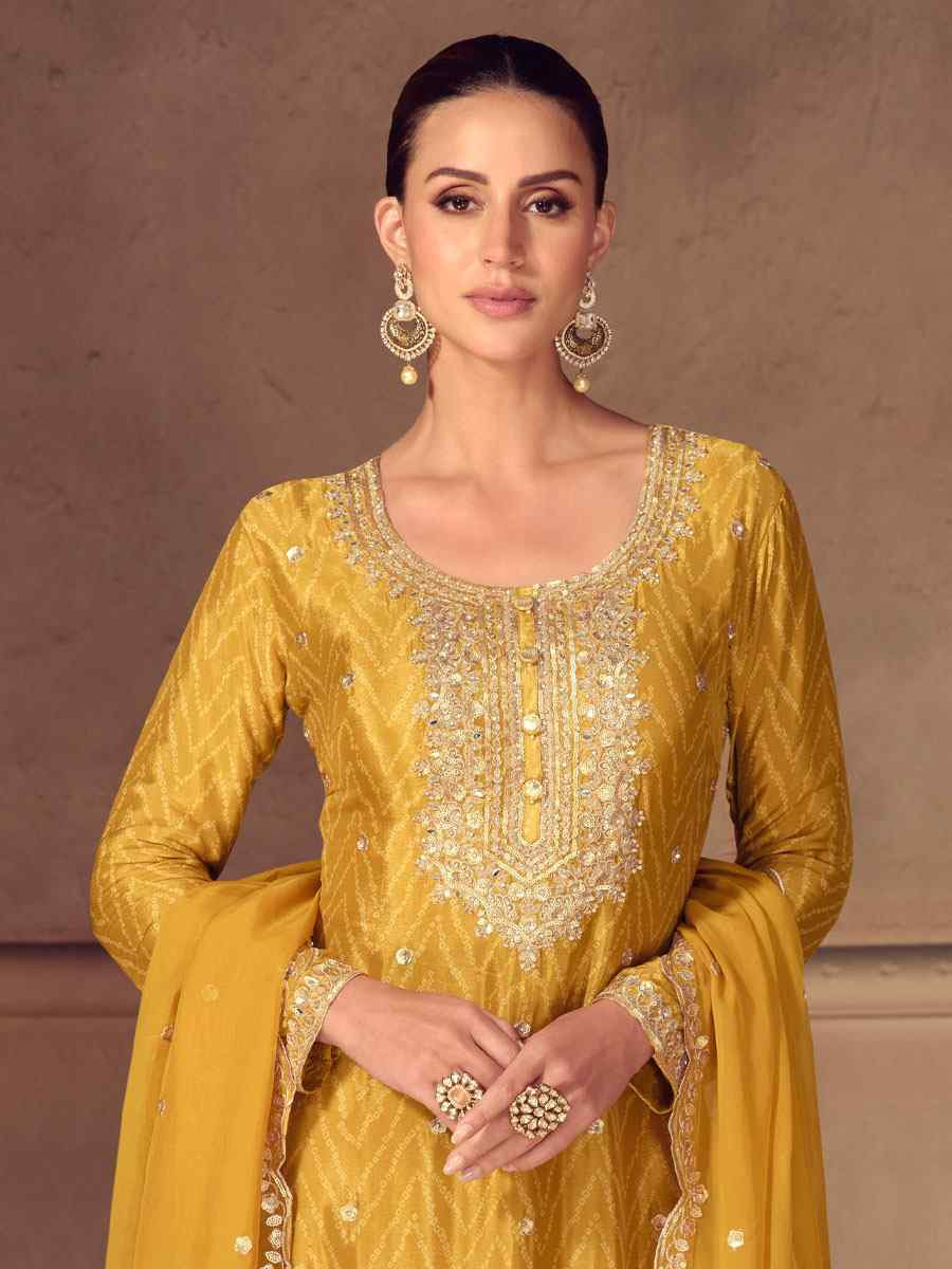 Yellow Real Chinon Printed Embroidery Party Wedding Festival Ready Palazzo Pant Salwar Kameez