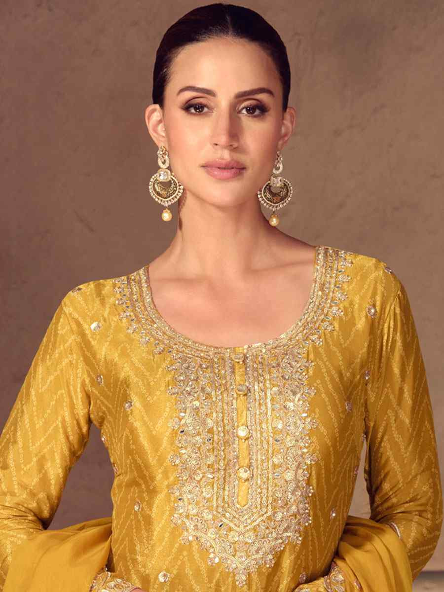 Yellow Real Chinon Printed Embroidery Party Wedding Festival Ready Palazzo Pant Salwar Kameez