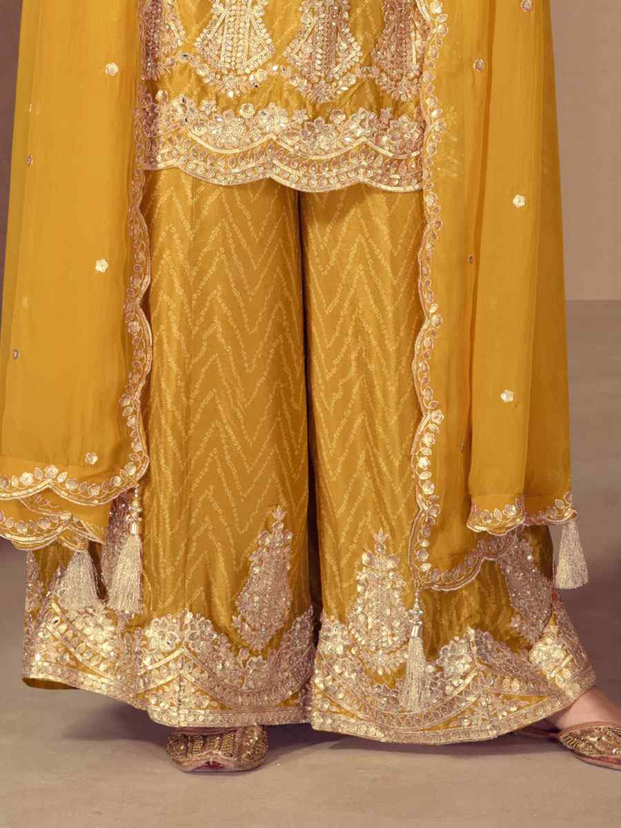 Yellow Real Chinon Printed Embroidery Party Wedding Festival Ready Palazzo Pant Salwar Kameez