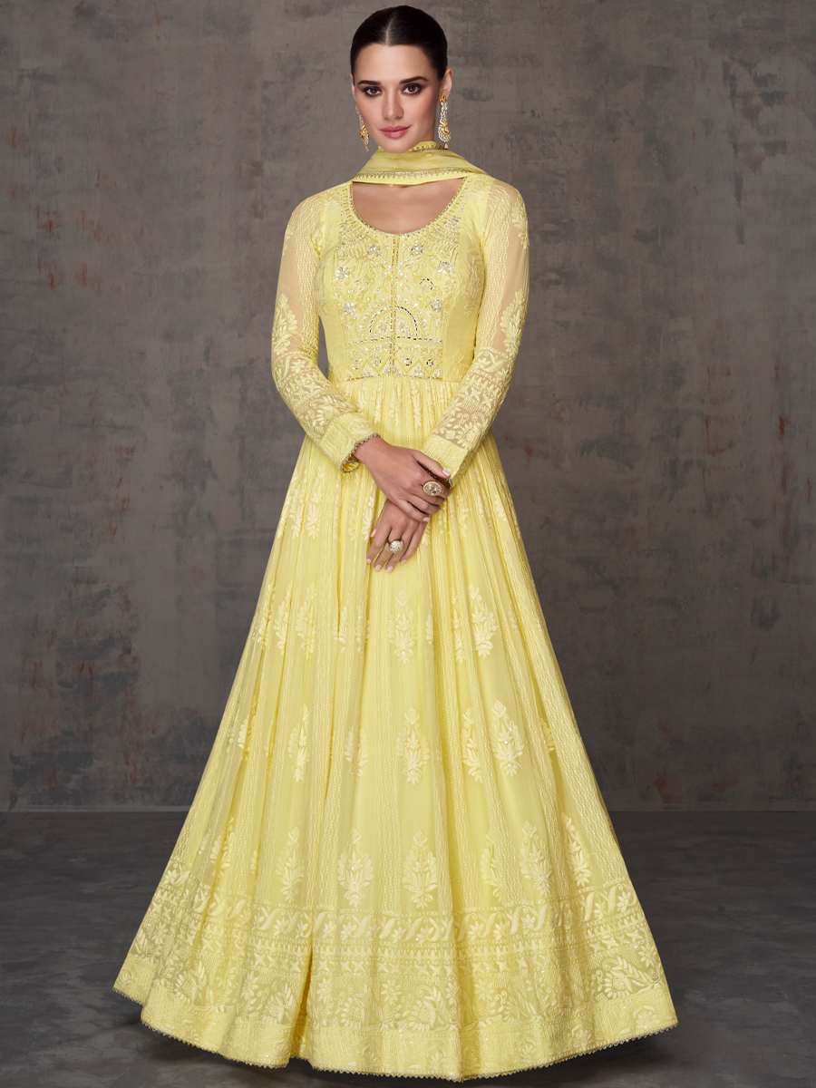 Yellow Real Georgette Embroidered Festival Wedding Anarkali Salwar Kameez