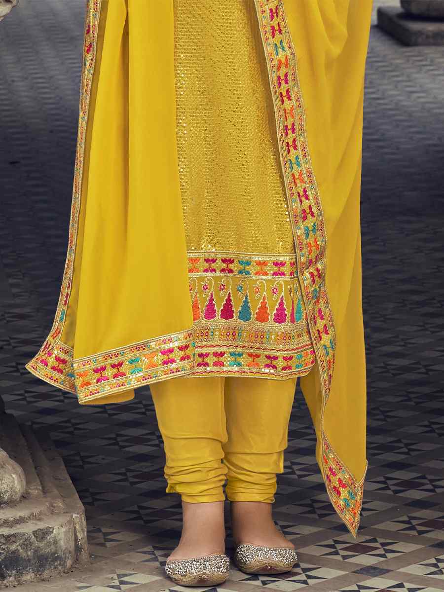 Yellow Real Georgette Embroidered Festival Wedding Churidar Salwar Kameez