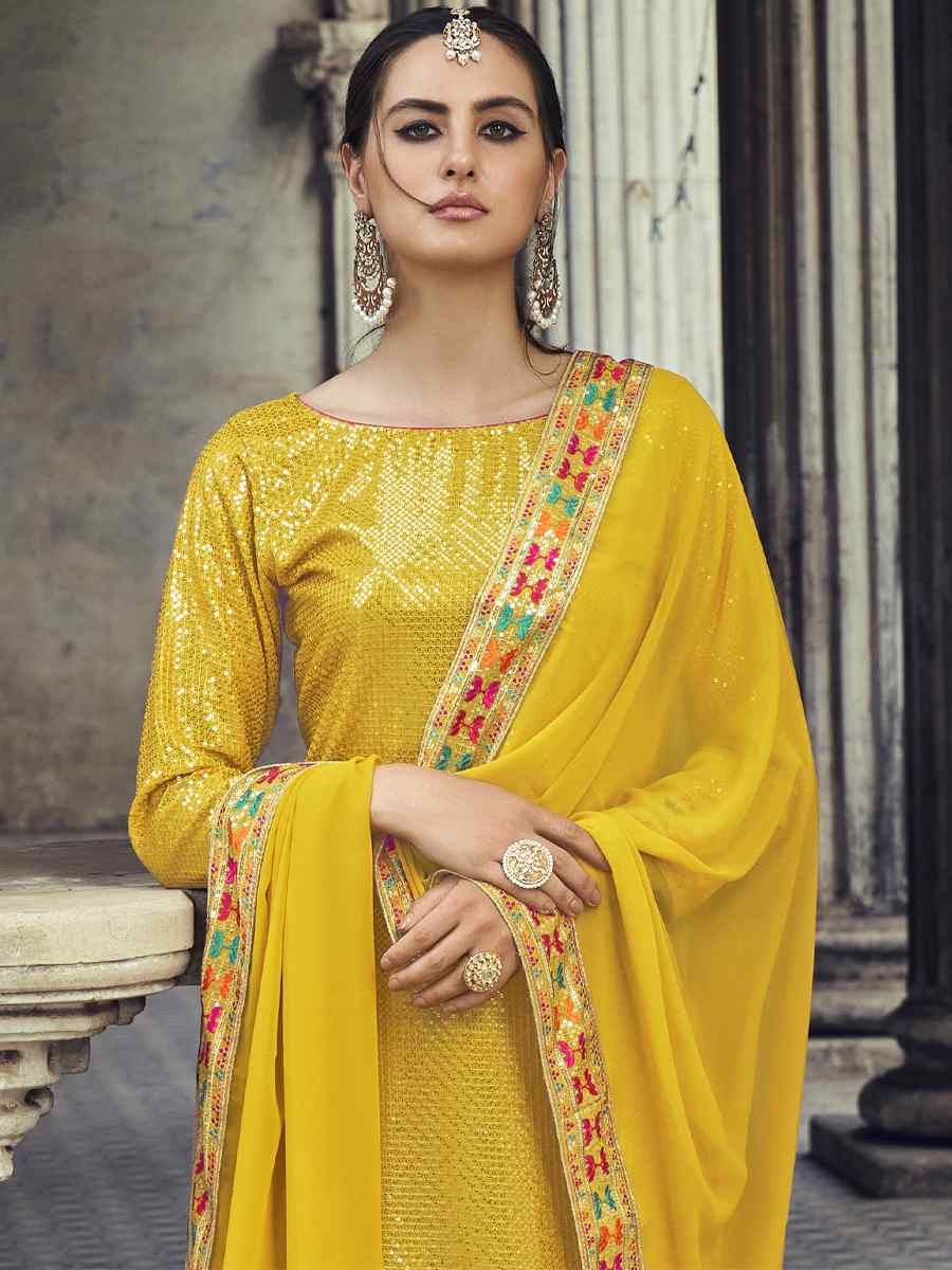 Yellow Real Georgette Embroidered Festival Wedding Churidar Salwar Kameez