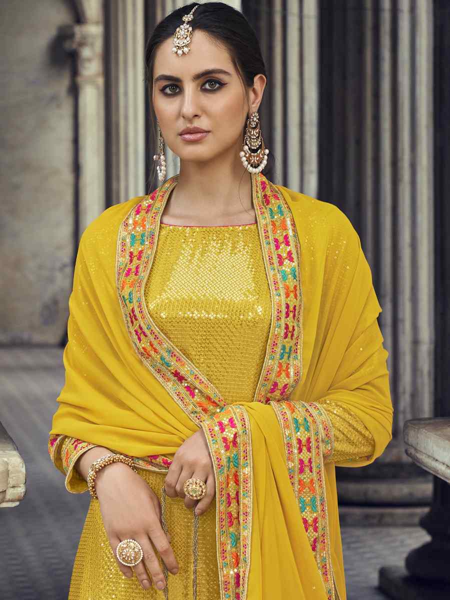 Yellow Real Georgette Embroidered Festival Wedding Churidar Salwar Kameez