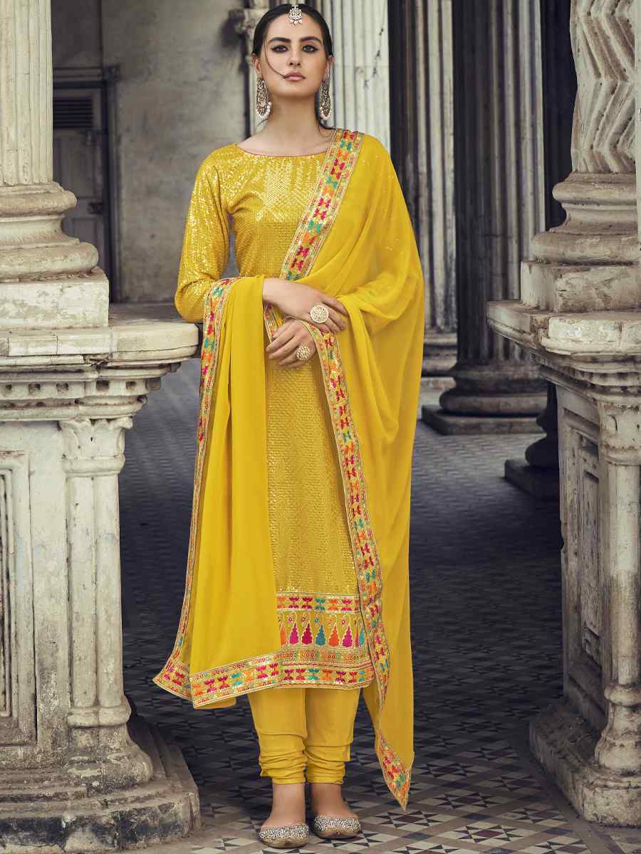 Yellow Real Georgette Embroidered Festival Wedding Churidar Salwar Kameez