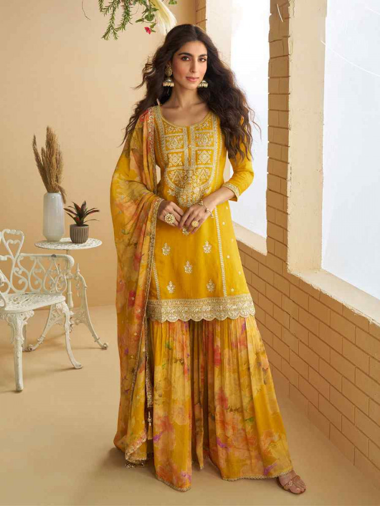 Image of Yellow Real Premium Chinon Silk Embroidery Party Wedding Festival Casual Ready Palazzo Pant Salwar Kameez