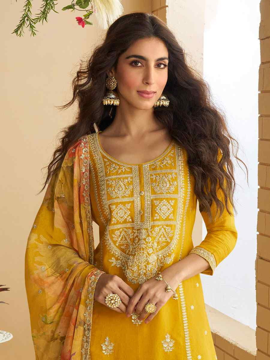 Yellow Real Premium Chinon Silk Embroidery Party Wedding Festival Casual Ready Palazzo Pant Salwar Kameez