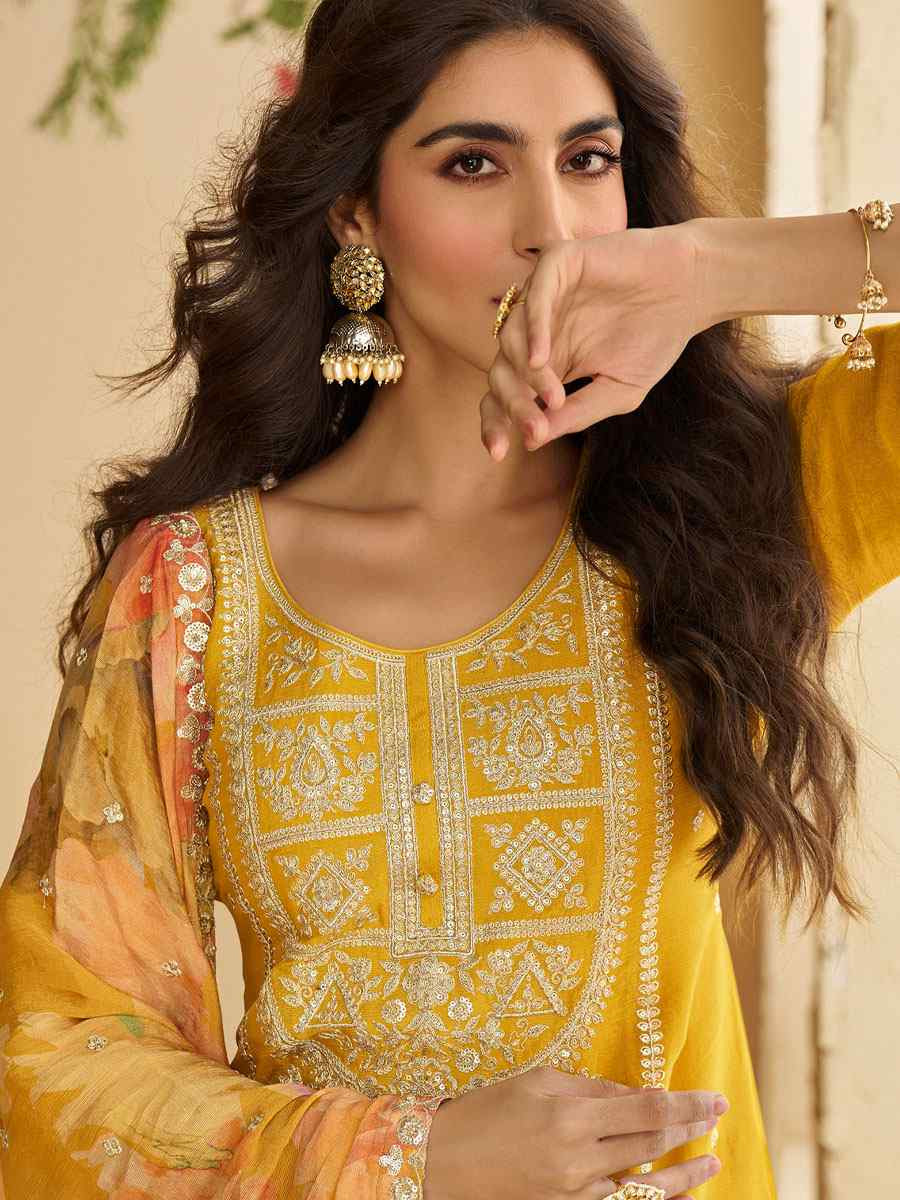 Yellow Real Premium Chinon Silk Embroidery Party Wedding Festival Casual Ready Palazzo Pant Salwar Kameez