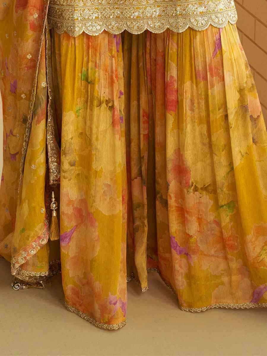 Yellow Real Premium Chinon Silk Embroidery Party Wedding Festival Casual Ready Palazzo Pant Salwar Kameez