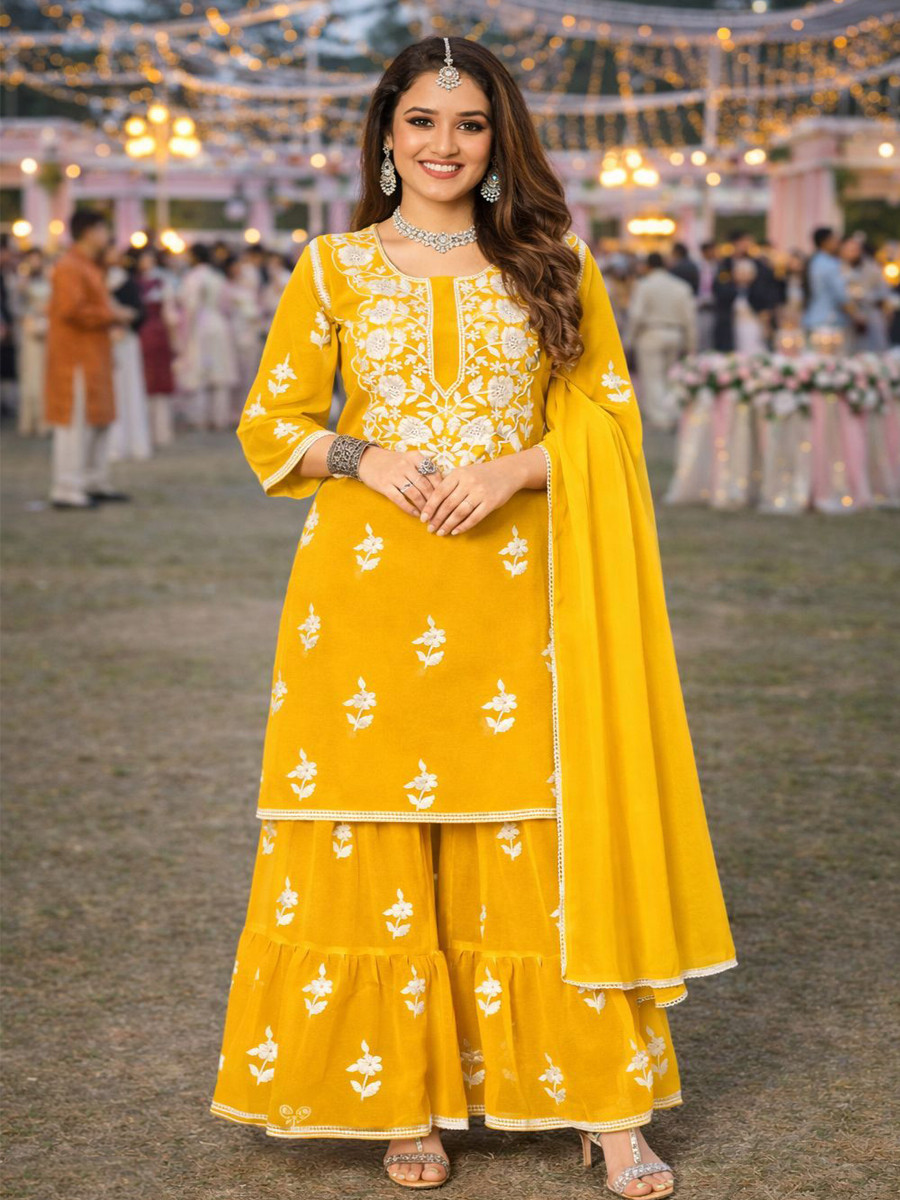 Yellow Real Premium Georgette Embroidery Party Wedding Festival Casual Ready Palazzo Pant Salwar Kameez