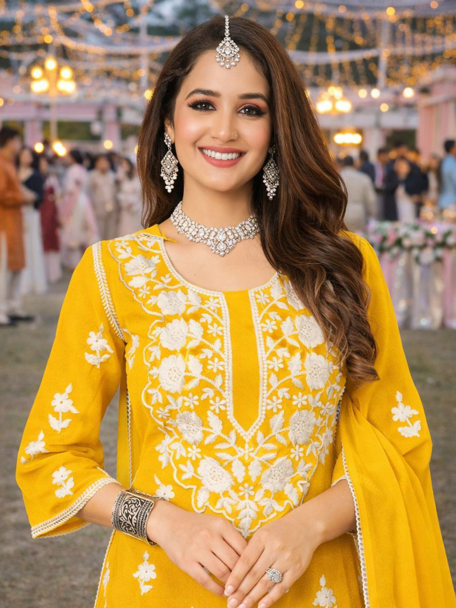 Yellow Real Premium Georgette Embroidery Party Wedding Festival Casual Ready Palazzo Pant Salwar Kameez