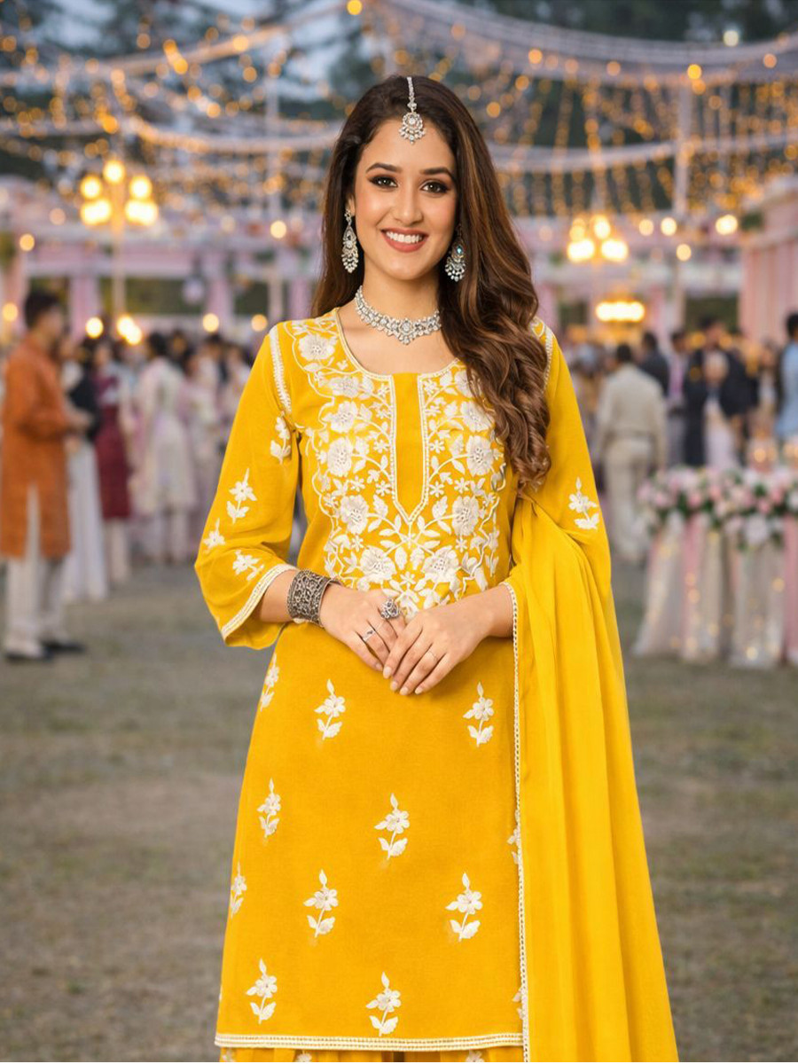 Yellow Real Premium Georgette Embroidery Party Wedding Festival Casual Ready Palazzo Pant Salwar Kameez