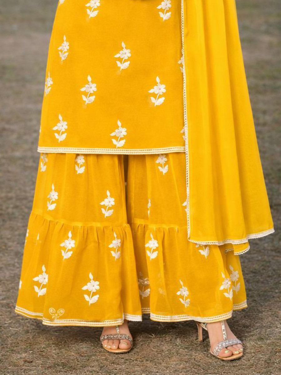 Yellow Real Premium Georgette Embroidery Party Wedding Festival Casual Ready Palazzo Pant Salwar Kameez