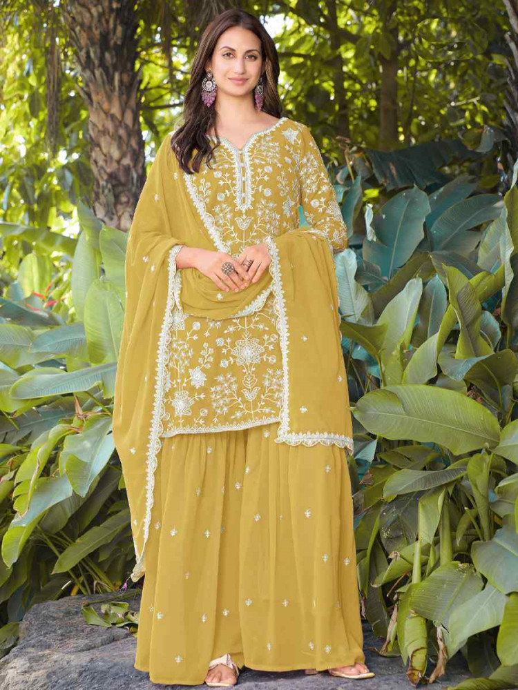 Image of Yellow Real Premium Georgette Embroidery Party Wedding Festival Casual Ready Palazzo Pant Salwar Kameez